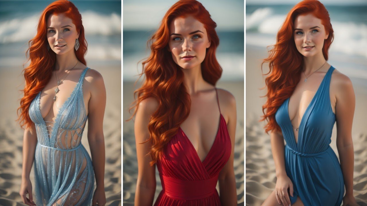 [4K] 'Redhead Fashion Model Photoshoot on Beach' AI ART