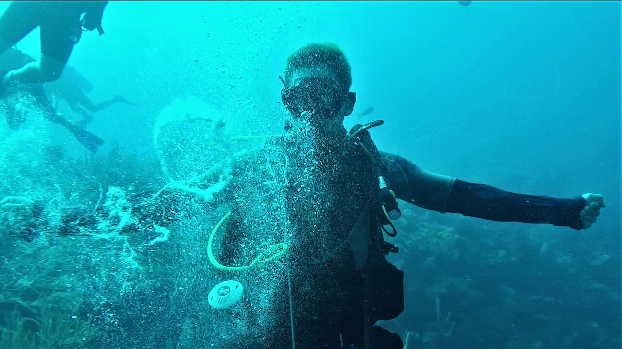 Scuba diver demonstrates impressive underwater bubble ring talent