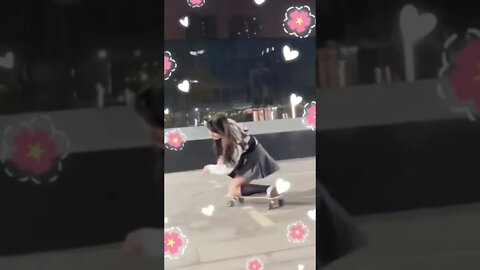 Cute Hottie Chinese Girl Rides a Skateboard With Ease