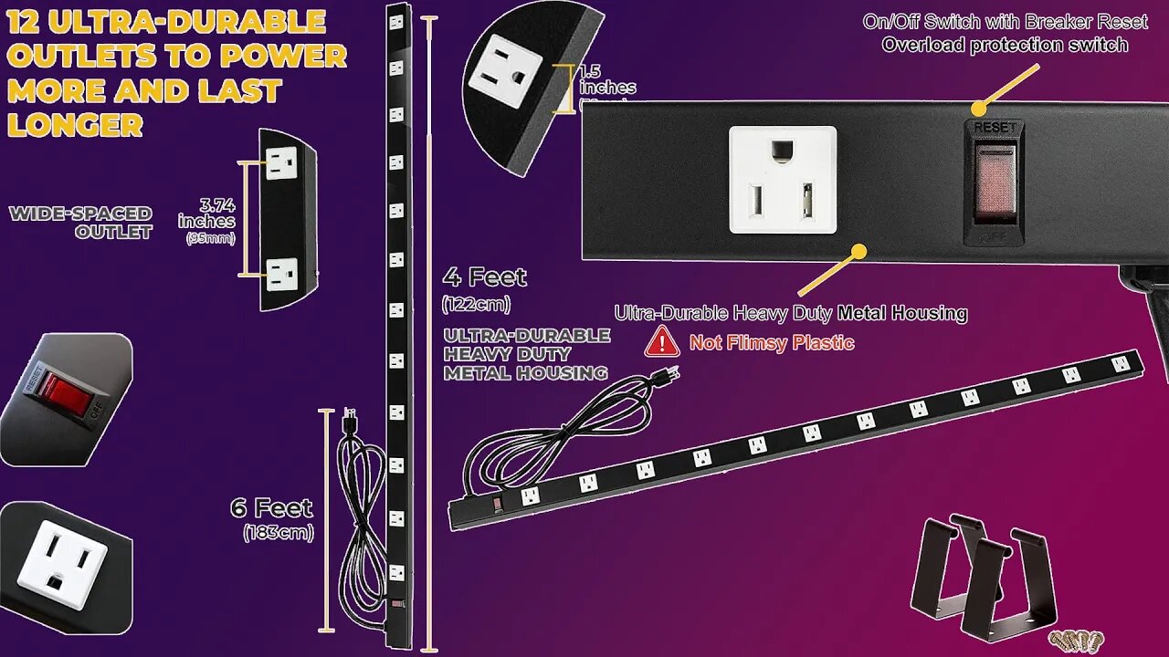 Opentron 12 Outlets 6 Feet Power Cord 4 Feet Body Heavy Duty Metal Surge Protector Power Strip