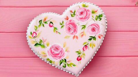 Beautiful Heart Cookie - Satisfying Cookie Decorating. Hand painted rose🌹