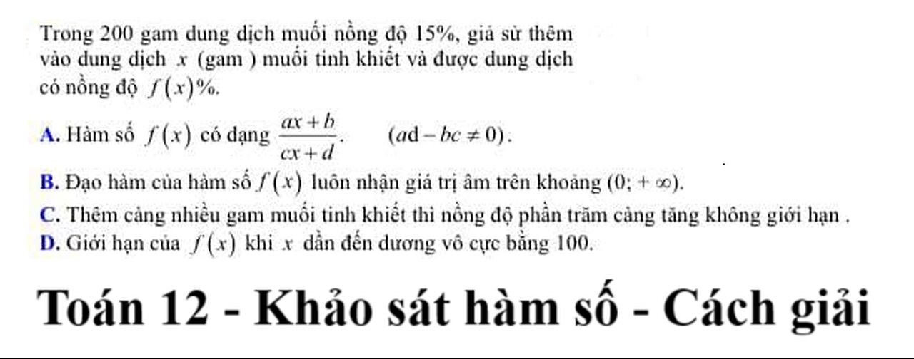 Toán 12: Trong 200 gam dung dịch muối nồng độ 15%, giả sử thêm vào dung dịch x (gam) muối tinh khiết