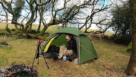 in the tent organising gear. Reddacleave campsite Dartmoor 25th March 2023