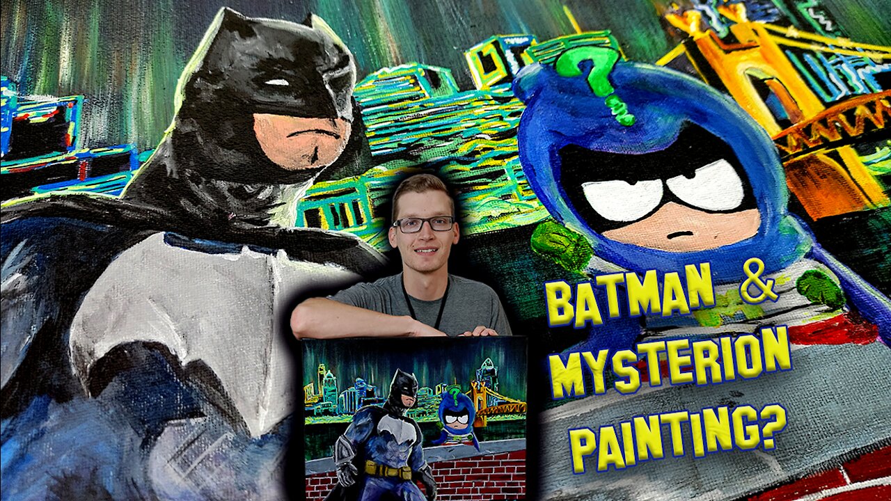 Batman meets South Park. Acrylic painting of Batman and Mysterion with a vibrant cityscape. On eBay