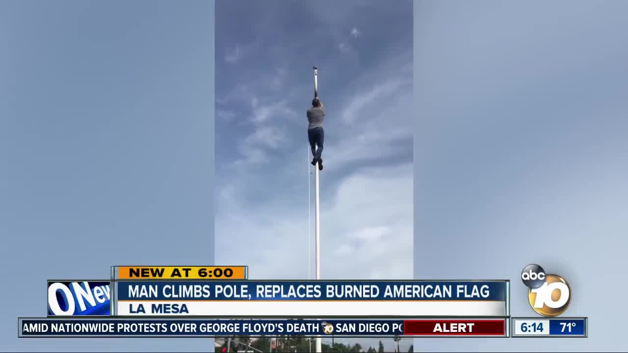 Man climbs pole, replaces burned American flag in La Mesa