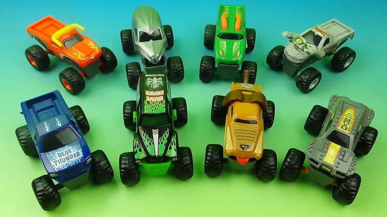 2015 MONSTER JAM Full set of 8 McDONALDS HAPPY MEAL COLLECTION VIDEO REVIEW