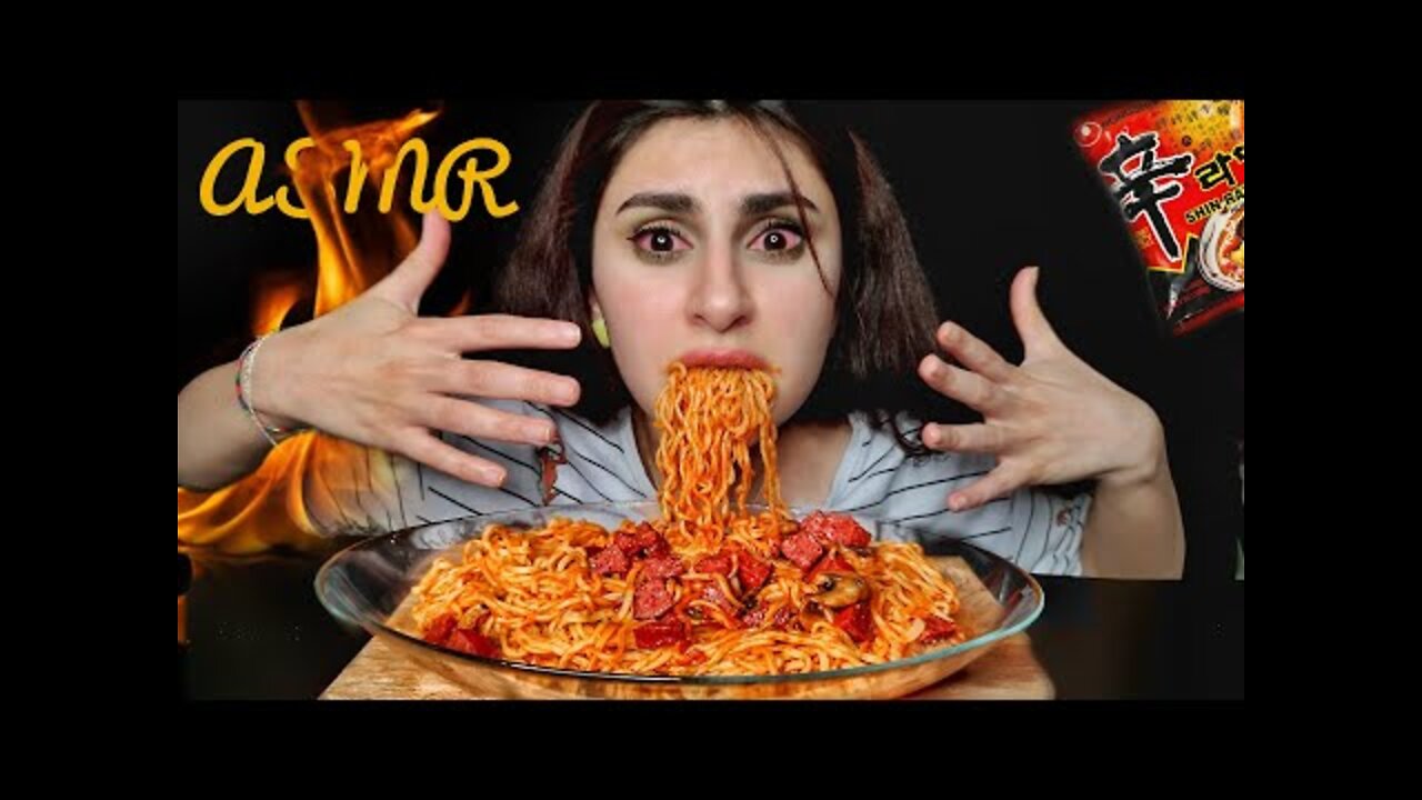 ASMR mukbang fire noodles & spicy sausage mushrooms #asmr #asmrmukbang #asmreating