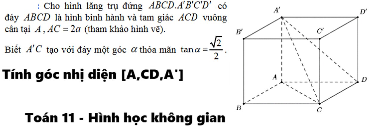 Toán 11: Góc nhị diện: Cho hình lăng trụ đứng .ABCD A'B'C'D' có đáy ABCD là hình bình hành