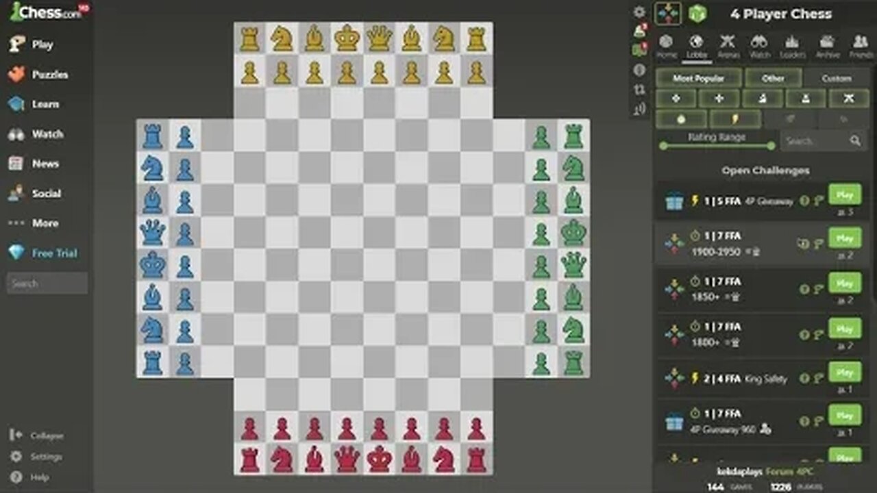 PLAYING 4 PLAYER CHESS #1- [great play by a beginner,must watch]