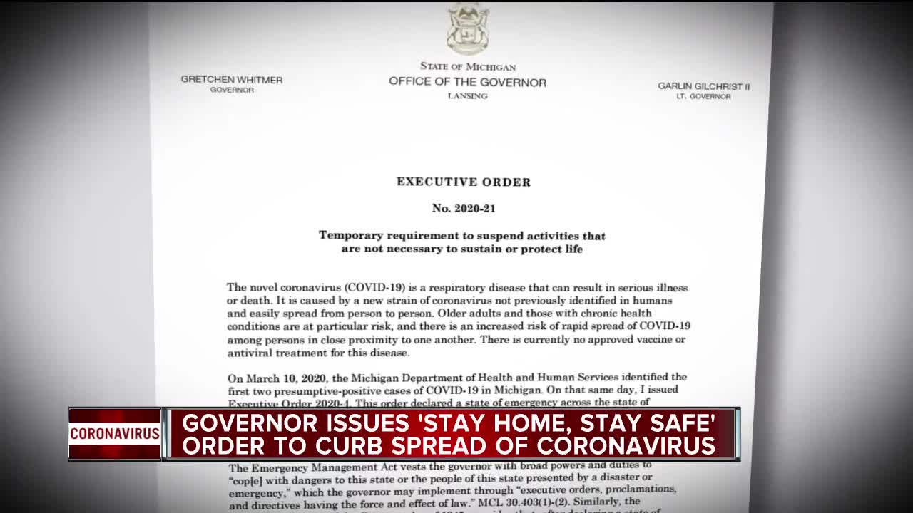 Michigan Gov. Gretchen Whitmer signed a "Stay home, stay safe" executive order on Monday morning.