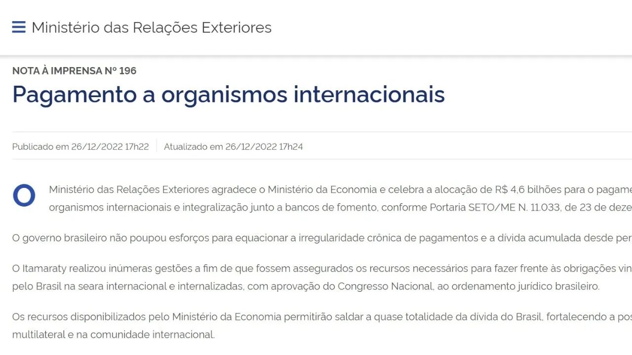 PAGAMENTOS A ORGANISMOS INTERNACIONAIS