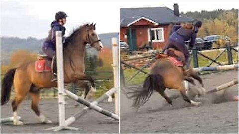 Giovane cavallerizza cade spaventosamente da cavallo