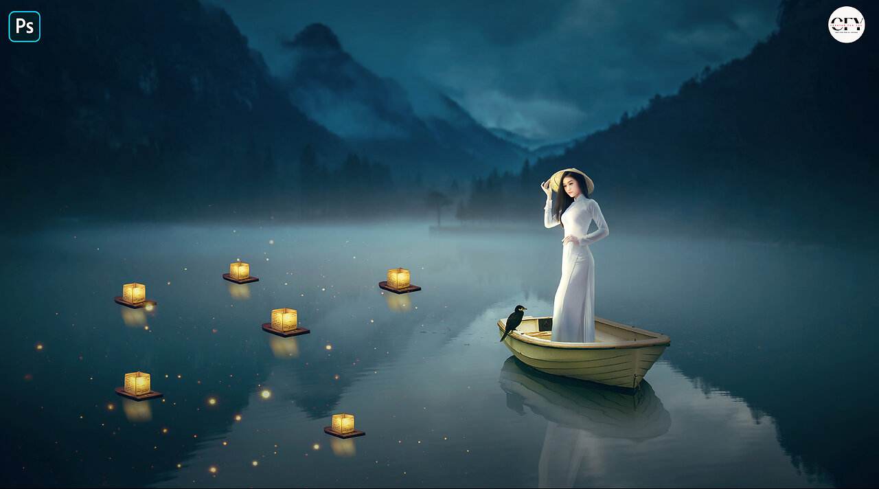 Fantasy Escape Lake Lanterns and Girl Photoshop Manipulation