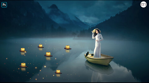 Fantasy Escape Lake Lanterns and Girl Photoshop Manipulation