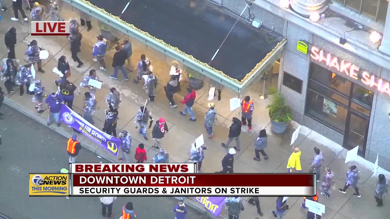 Downtown Detroit security guards, janitors on strike