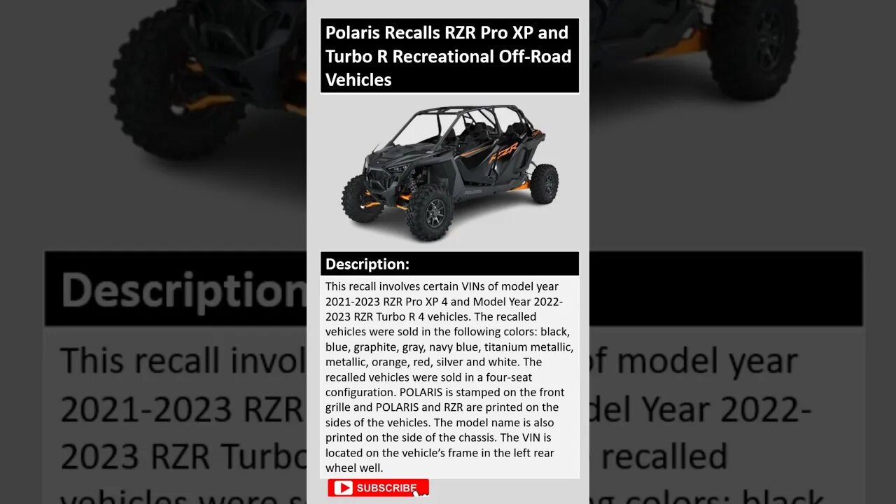 Polaris Recalls RZR Pro XP and Turbo R Recreational Off Road Vehicles Due to Fire Hazard