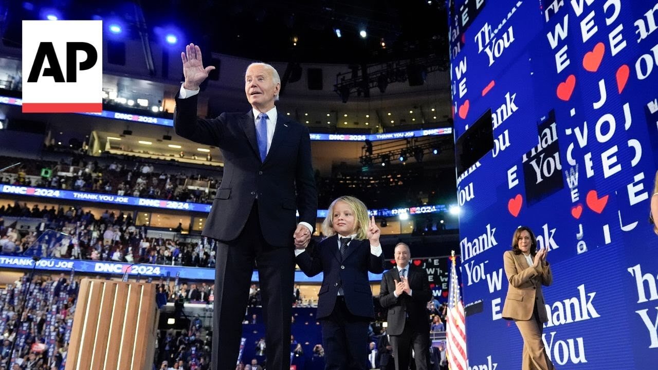 Biden gets emotional ovation at DNC, joined by family, Harris and Emhoff