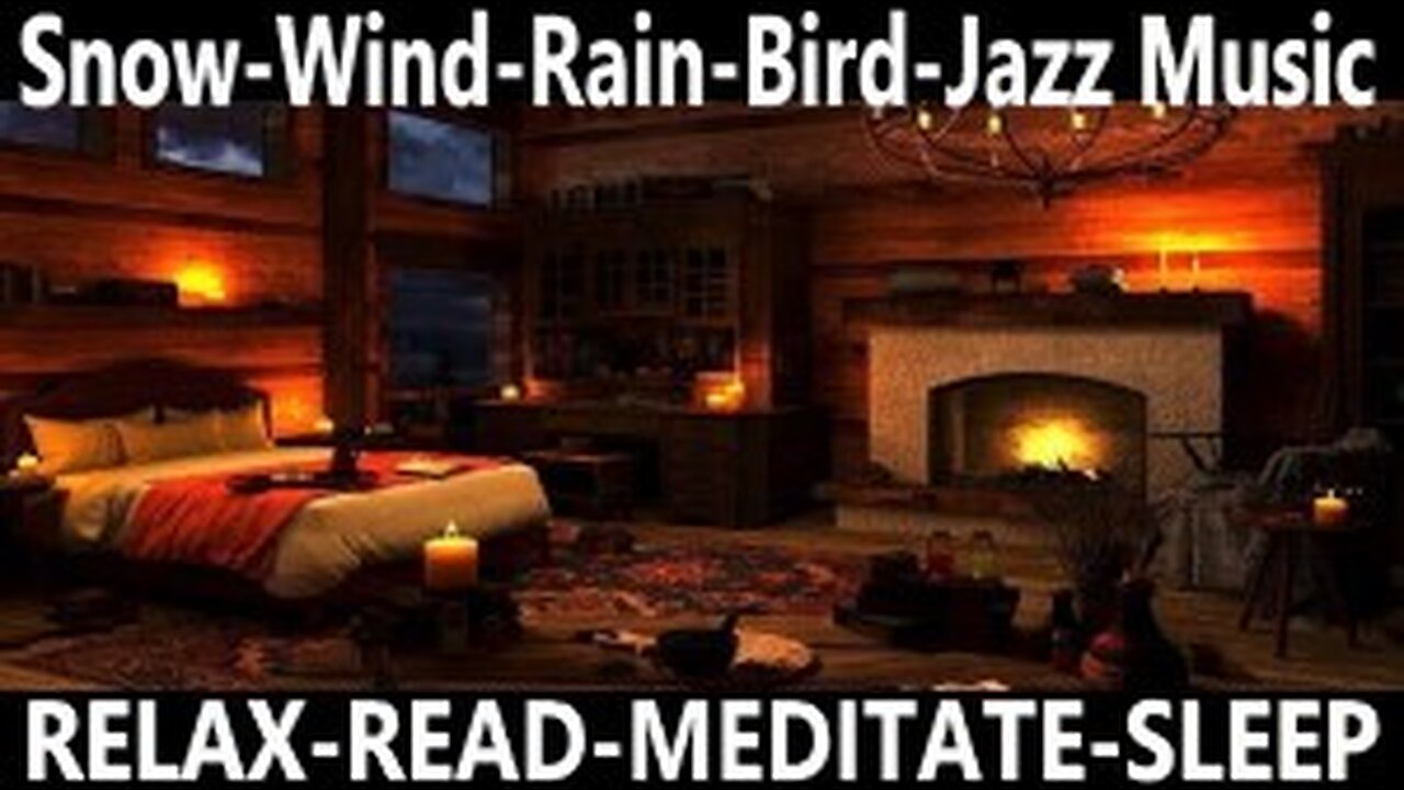 Stormy Night Cozy Bedroom Ambience, Relax with Jazz Music Snow Winds Rain Birds Fireplace Sounds