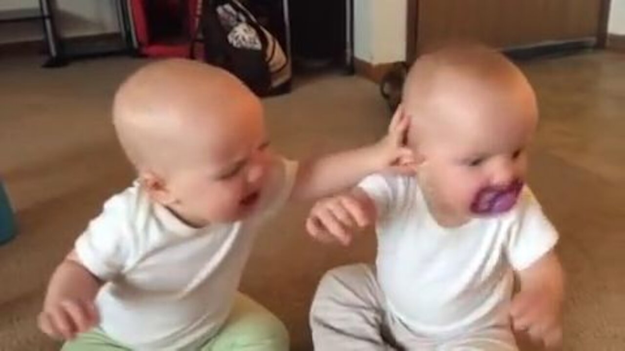 Twin baby girls fight over pacifier