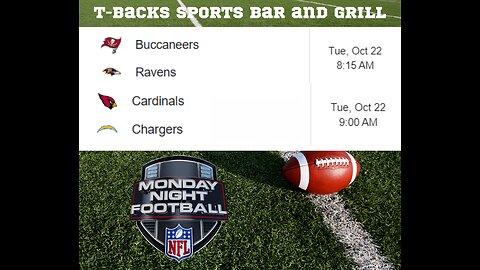 T-Backs Sports Bar and Grill Sports Schedule and free beer/soda for Tuesday Oct 22, 2024