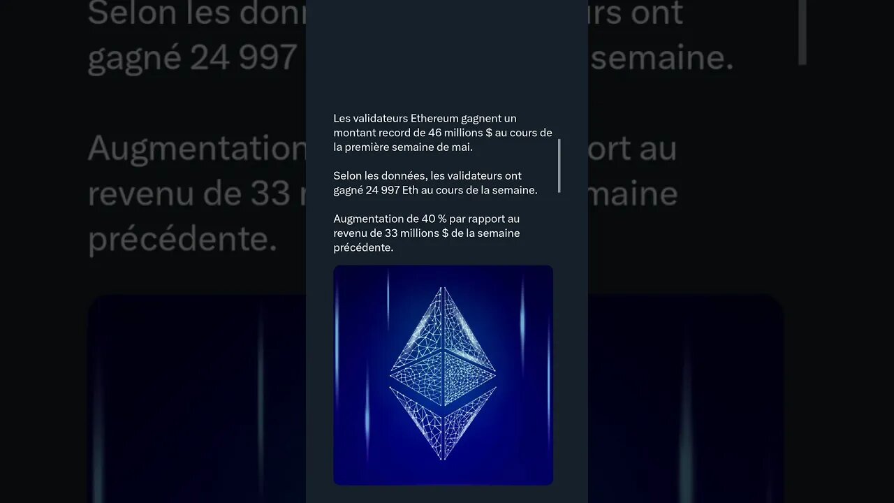 Les validateurs Ethereum gagnent un montant record de 46 M $ au cours de la première semaine de mai.