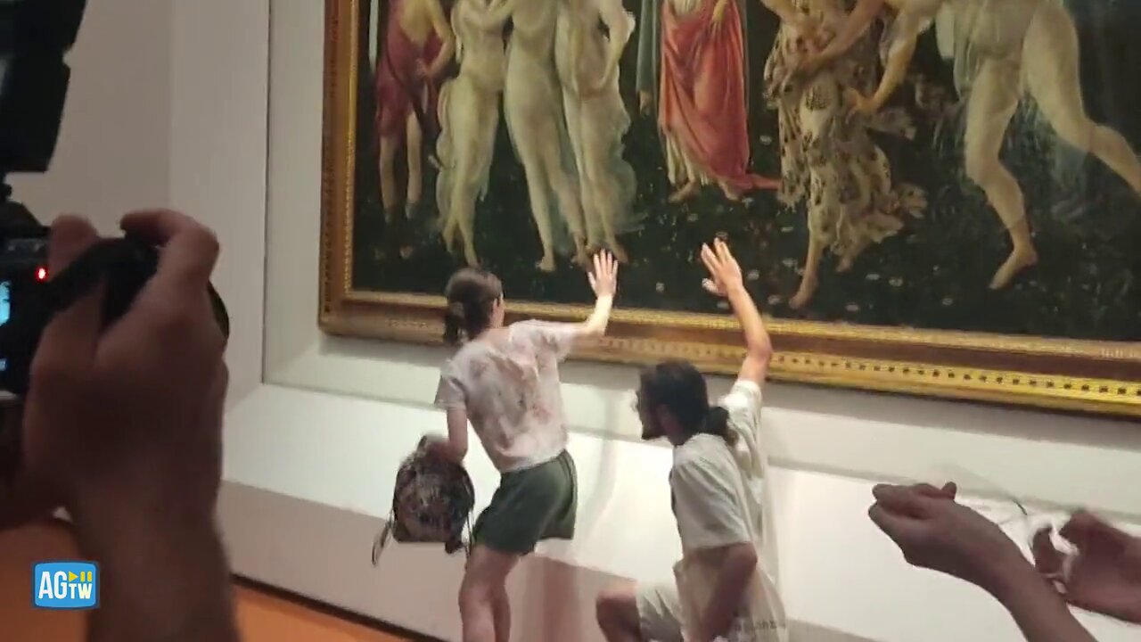 Climate activists glued their hands to Botticelli’s ‘Primavera’ at the Uffizi in Florence today.