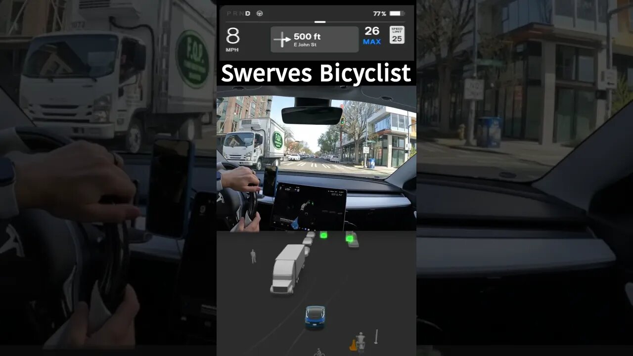 Swerves bycicle on green light #fsd #teslamodel3 #teslafsd #electriccar #car #fsdbeta #teslacar