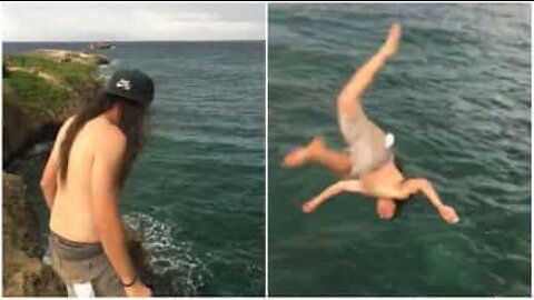 Epic cliff jump fail!