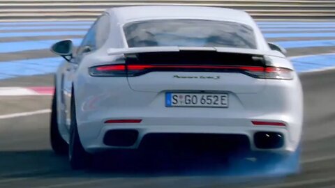 Carrera White Porsche Panamera Turbo S facelift tearing up Paul Ricard circuit Southern France in 4k