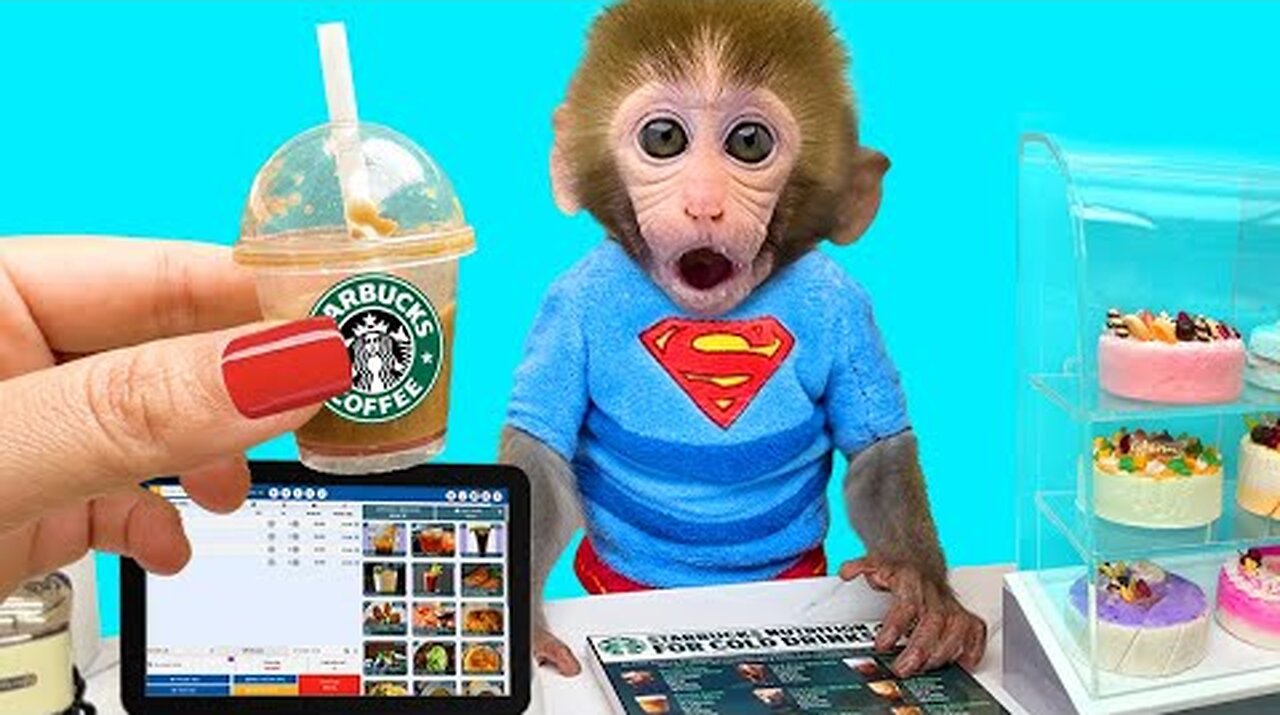 Monkey Baby Bon Bon go buy Starbucks coffee and drive the farm with ducklings