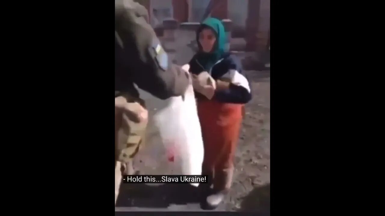 WTF? Old lady with Soviet flag mistakes Ukrainian soldiers for Russians, soldier makes fun of her?