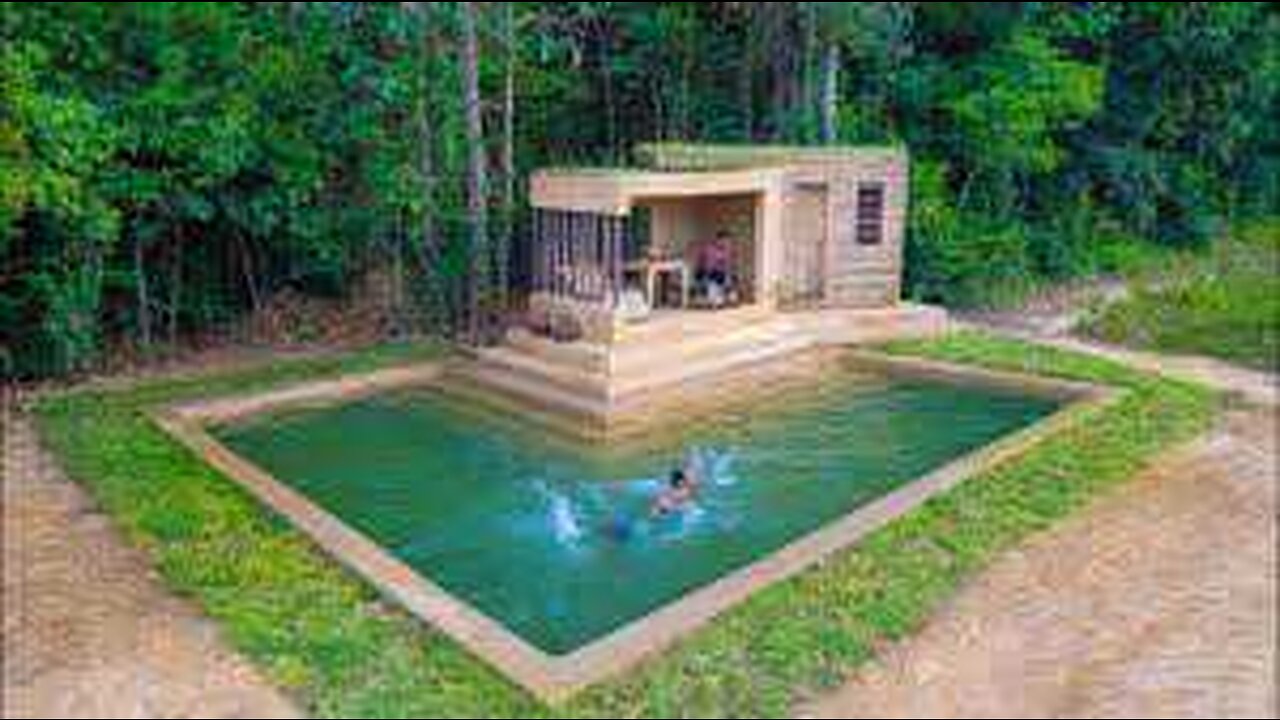 Jungle Survival Build The Most Beautiful Bamboo Villa With Around Swimming Pool By Ancient Skills