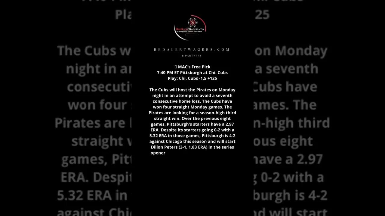 MAC’s Free MLB Pick - Pittsburgh at Chi. Cubs