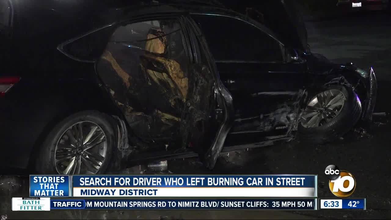 Search for driver who left burning car in San Diego street