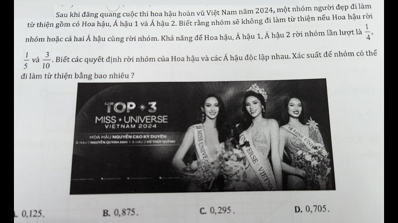 Toán 11: Xác suất: Sau khi đăng quang cuộc thi hoa hậu hoàn vũ 2024, một nhóm