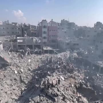 Destruction following Israeli bombing of refugee camp in southern Gaza