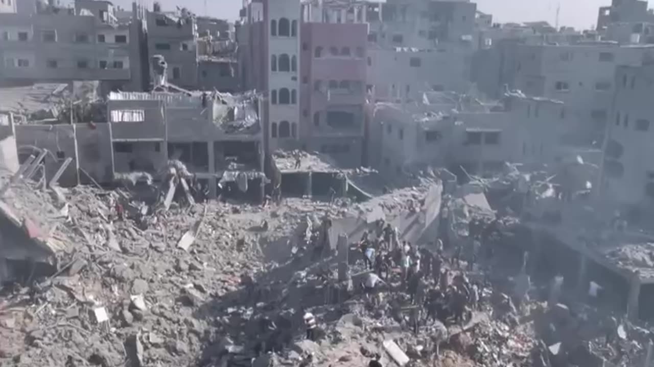 Destruction following Israeli bombing of refugee camp in southern Gaza