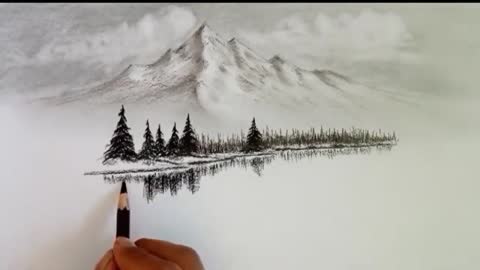 Pencil drawing landscape scenery/ Snow mountain landscape drawing with pencil