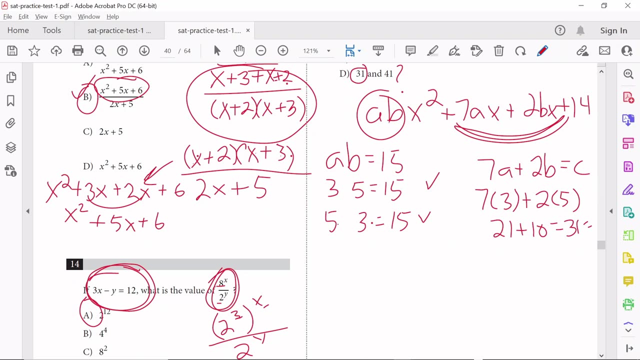 SAT Practice Test 1 Math NC Questions 7,9,10,12,13,14,15, and 19.