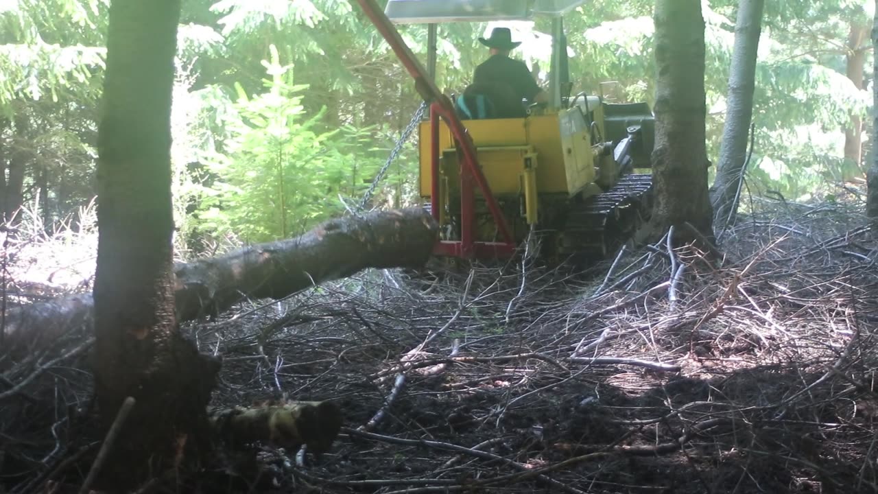 Bulldozer gets pulled up while pulling a log