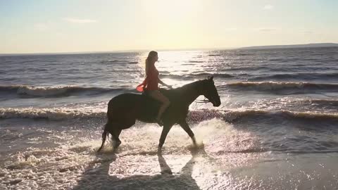 Woman riding on horse at river beach in water sunset light