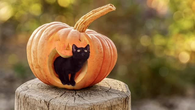 Frightened kitten in the pumpkin