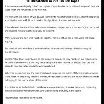 Woman Cuts Off Boyfriend's Penis After He Threatened To Publish Sex Tapes