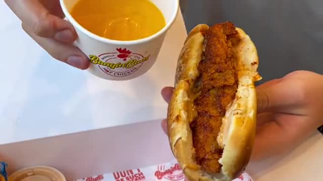 Food porn at its finest! Cheesy hot chicken sandwich from