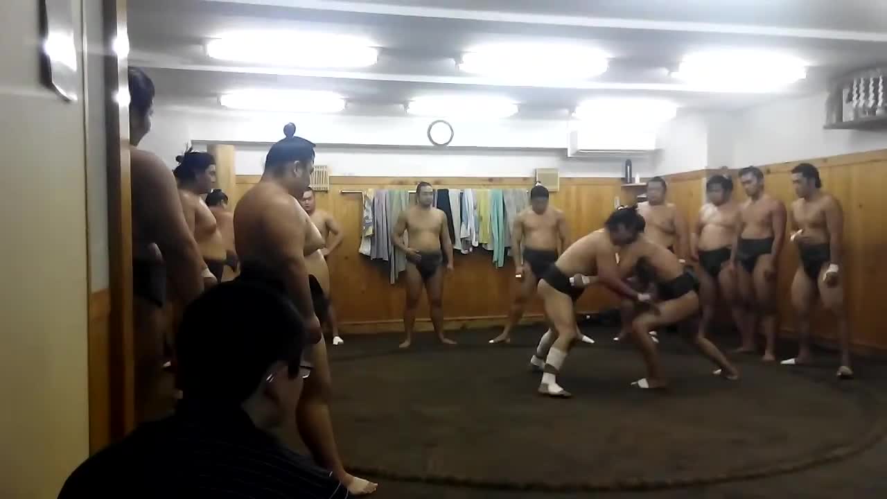 Sumo wrestlers training in Tokyo, Japan.