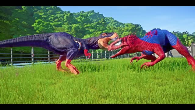 Spiderman Indominus REX, Venom, Captain America, Iron Man Dino Fight - Jurassic World Evolution