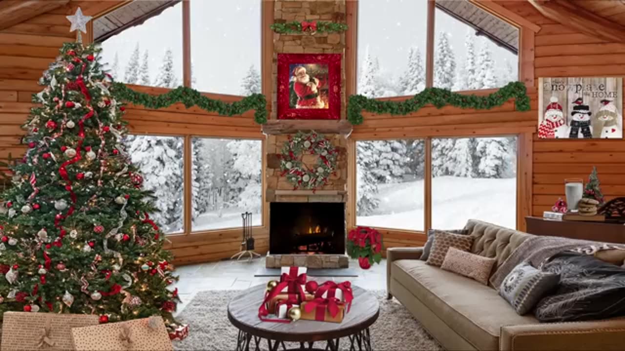 Cozy Christmas Classic Songs by a Fireplace in a Cabin with Snow