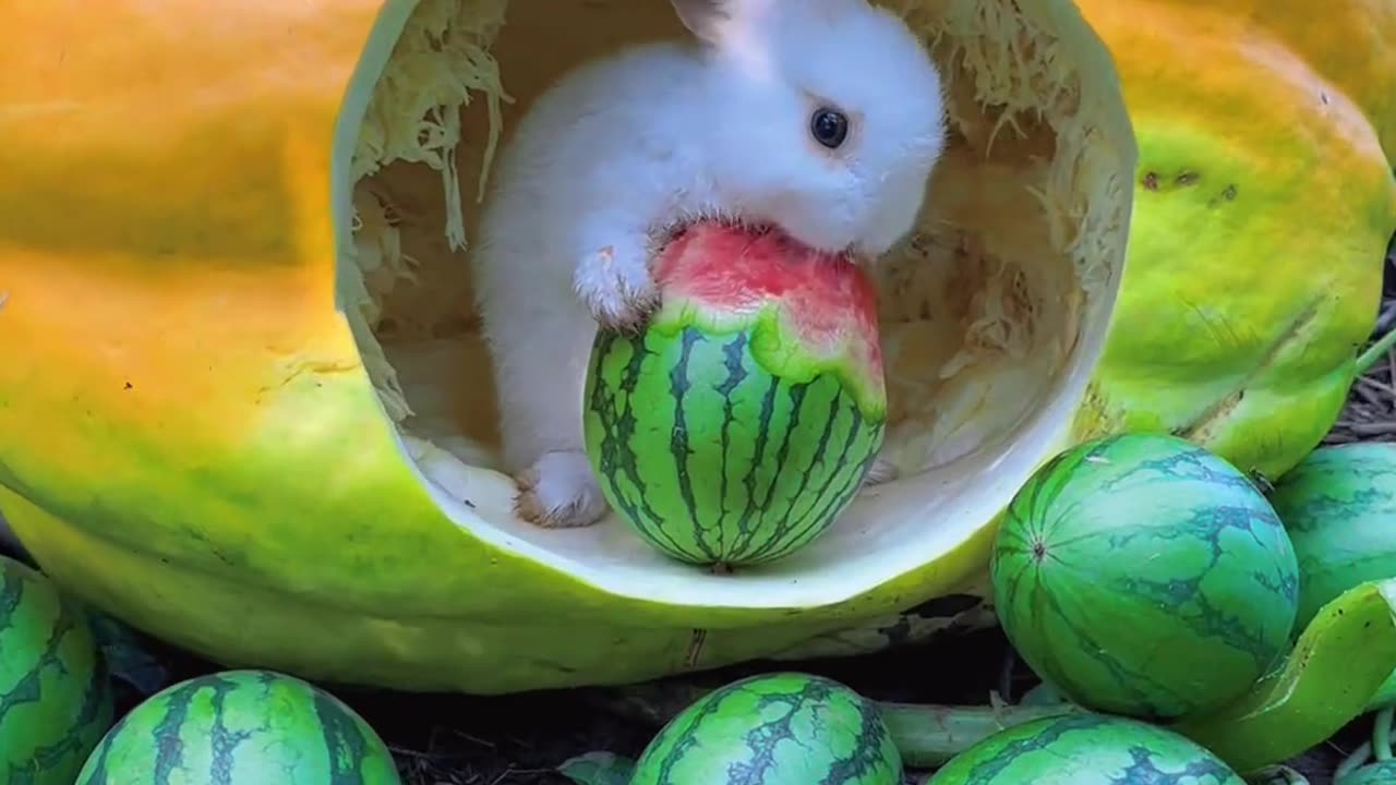 The little bunny is eating watermelon in the pumpkin nest.