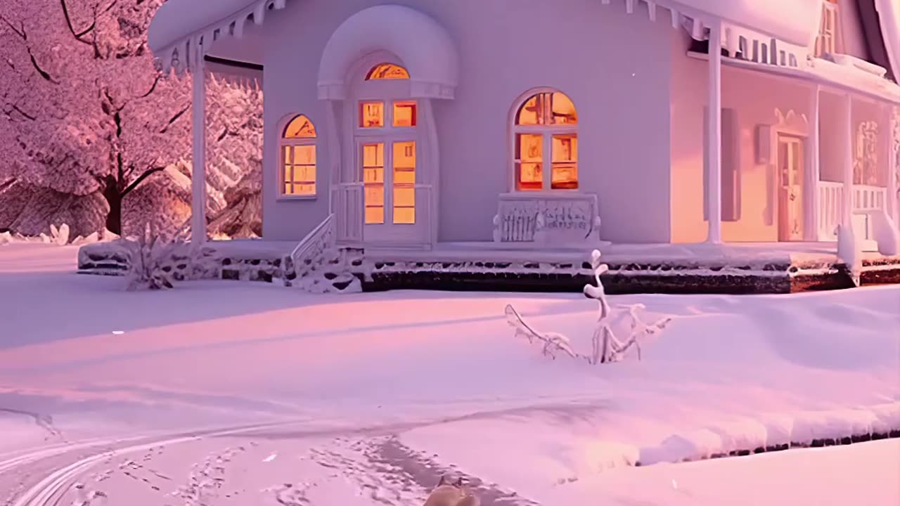 Dog playing beautiful snow fall