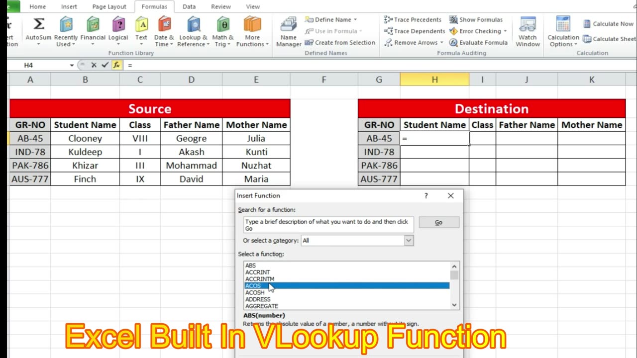 Excel Built-In Vlookup Function